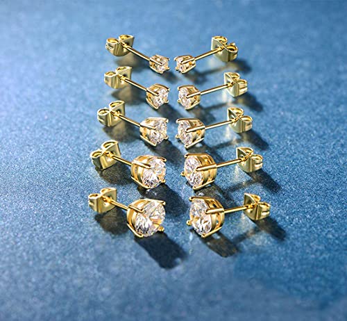 18K Gold Plated 4 Prong Graduated Round Clear Cubic Zirconia Stud Earring Set for Women (5 Pairs)
