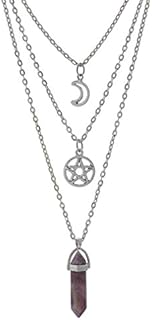 MJartoria Moon Pentagram Necklace Crystal Chakra Pendant Layered Necklaces for Women Choker Necklace Gothic Jewelry Y2K Goth Accessories (Purple Amethyst, Moon Pentagram)