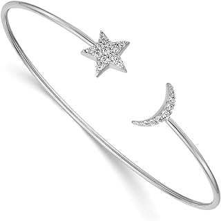 Flexible Diamond Bangle Bracelet with Unique Clasp, 14k White Gold, Celestial Moon and Star Design for Women