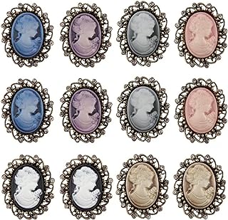 GOLDEN STRAWBERRY 12 PCS Vintage Elegant Victorian Lady Beauty Cameo with Crystal Brooch Pin