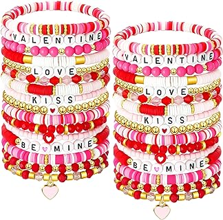 Women's Valentine's Day Pink Heishi Polymer Clay Bead Bracelets with Cord & Bead Chain and Spring Ring Clasp - Surfer Inspired Style for Casual or Formal Wear