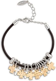 DEMDACO Cross Charm Bangle Bracelet with Lobster Claw Clasp and Box Chain, Mixed Gold and Silver Tones for Women, Leather and Alloy Material, One Size Fits Most