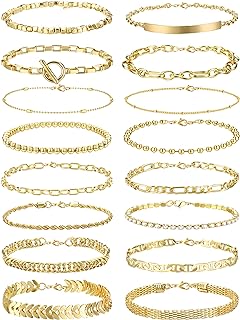 14K Gold Plated Stackable Bracelet Set for Women with Cubic Zirconia and Lobster Clasp - SAILIMUE 16Pcs Gold Beaded and Metal Link Design