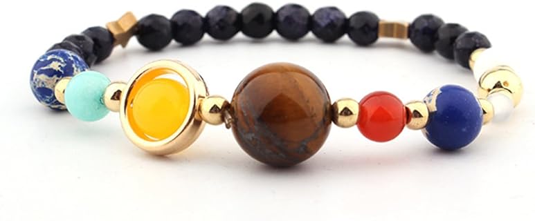 Solar System Bead Bracelet with Magnetic Clasp and Yellow Gold, Unisex Design, Featuring Eight Planets and Natural Raw Stones, Available in Cord, Braided, and Bead Chain Styles