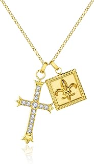 Double Pendant Necklace with Cross and Fleur De Lis, Blingy Zircon, 18K Gold Plated, Contemporary Design