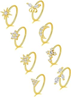 Tornito 8Pcs Nose Ring Hoop Paved Flower Butterfly Star Cross Triangle Moon CZ Cartilage Earrings Nose Piercing Jewelry for Women Men Silver Rose Gold Tone 20G