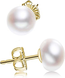JORA Sterling Silver White Button Freshwater Cultured Pearl Stud Earrings for Women Gift