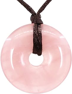 Semi Precious Gemstones 40mm Circle Peace Donut Beads Pendant Brown Braided Rope Necklace