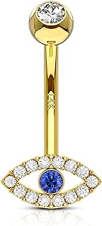 COCHARM 14K Solid Gold Belly Button Ring, 14G Yellow Gold Navel Piercing Jewelry with Evil Eye Design, 10mm, Hypoallergenic