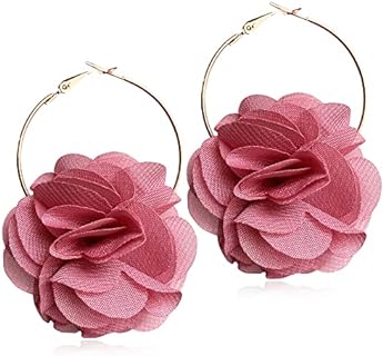 Lightweight Bohemian Big Fabric Flowers Dangle Drop Earrings Handmade Aesthetic Petal Hoop Earrings with Chiffon Floral Tassel for Women Girls Vacation Wedding