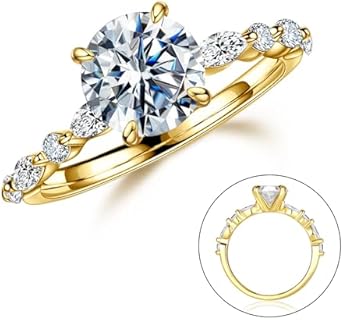 MOOSEA 1.5ct Round Moissanite Rings for Women, D Color VVS1 Clarity Lab Created Diamond Rings 14K White Yellow Rose Gold Vermeil Marquise and Round Side Stone Moissanite Engagement Rings for Her