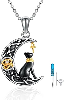 YAFEINI Sterling Silver Urn Necklace with Cable Chain - Egyptian Cat Pendant Cremation Memorial Jewelry for Women & Men