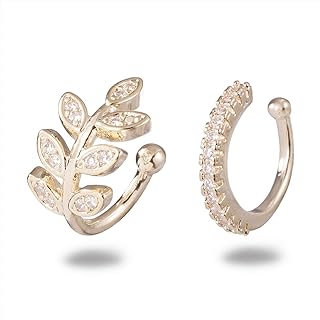 14K Gold Plated Clip-on Cubic Zirconia Ear Cuffs 2PCS - Wire Wrapped Small Hoop Huggies for Women and Girls - Non-Piercing Hypoallergenic Crystal Cuff Design Earrings