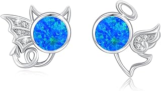 Push Back Blue Opal Sterling Silver Stud Earrings in Angel and Devil Design for Women of Unique Style