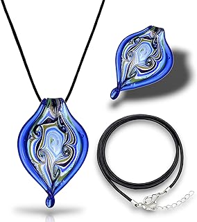 Handcrafted Murano-Inspired Cobalt Blue Swirls Glass Necklace Pendant with Lobster Clasp - Artisan Lampwork Italian Style Hypoallergenic Jewelry, Twisted Leaf Design