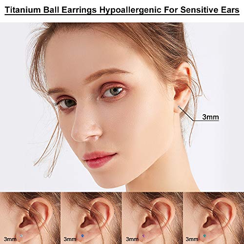 Ball Stud Titanium Earrings,Hypoallergenic for Women Girls High Polished Colored for Sensitive Ears, 3mm and 4mm Pure Titanium Nickel-Free Lead-Free