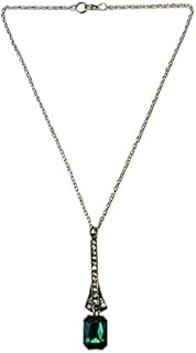 Secret for Longevity Sterling Silver Chain Art Deco Antique Retro Vintage Style Dark Hunter Emerald Green Rhinestone Long Pendant Necklace w/ 17" inch chain.