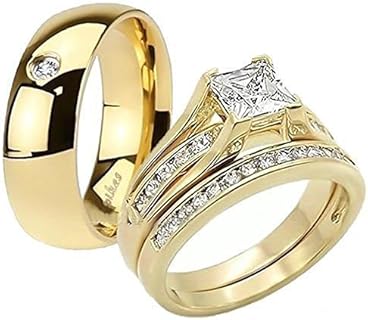 His and Her 14K Gold Plated Stainless Steel 3 Piece Wedding Engagement Ring and Men's Band Set