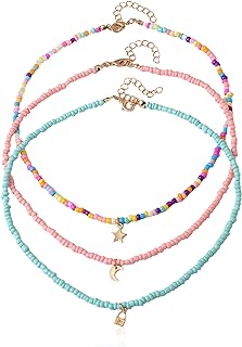 3 pcs Handmade Multilayered Rainbow Colorful Beads Link Chain Moon Star Butterfly Pendant Choker Necklace Friendship Creative Beach Jewelry for Women Girls