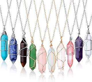 10 Pieces Hexagonal Crystal Pendant Necklace, Natural Quartz Stone Pendant Necklace, Healing Crystal Full Wire Wrap Gemstone Necklace for Women Girls