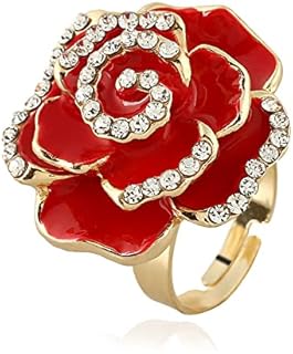 Dtja CZ Rose Flower Promise Ring for Women Girls Statement Diamond Crystal 3D Enamel Flowers Adjustable Open Wrap Finger Rings Comfort Fit Vintage Elegant Wedding Valentine Holiday Jewelry Gift