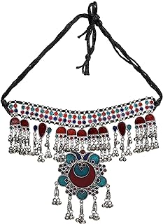 Women's Bohemian Antique Silver Polish Gypsy Choker with Lobster Clasp and Elongated Chain - Indian Oxidized Banjara Tribal Jewelry