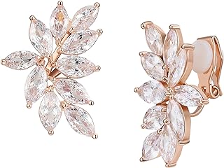 SWEETV Clip On Bridal Wedding Earrings for Brides Bridesmaid, Marquise Cubic Zirconia Cluster Stud Clip on Earrings for Women Pageant Prom, Non Pierced