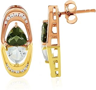 Natural Moldavite, White Topaz and Zircon925 Silver Stud Earring In Double Plating Unique Look Gift for Birthday, Christmas, Valentines Day