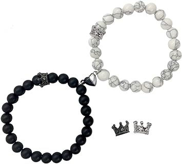 Crown King & Queen Bead Bracelets for Couples with Bead Chain and Snap Clasp, Long Distance Relationship Gifts for Boyfriend and Girlfriend, Alloy Metal Design