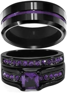 Couple Rings His Her Wedding Ring Sets Matching Rings Purple CZ Black Rings Titanium Men Ring