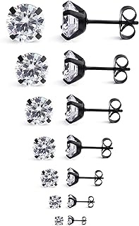 Stainless Steel Unisex Clear Cubic Zirconia Round Stud Earrings by Ruifan, Set of 7 Pairs with Easy Push Back, Hypoallergenic, Suitable For Men and Women