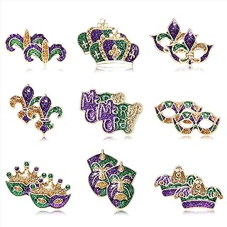 Vogueknock 9/12Pairs Mardi Gras Earrings Glitter Mask Fleur De Lis Crown Drop Dangle Earrings Carnival Stud Earrings Set Fat Tuesday Parade Party Accessory Gifts
