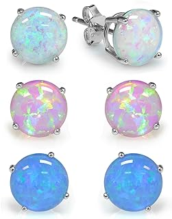 MUIBLU Sterling Silver 6mm Created Opal Stud Earrings 3 Pack Set, Hypoallergenic Fashion Jewelry