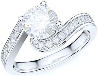 Sterling Silver Clasp, Striking Wave Design Engagement Ring with Round Cut Simulated 1CT Moissanite, Sparkling Jewelry Piece for Her