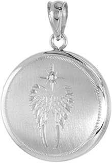 3/4 inch Round Sterling Silver Diamond Angel Wings Locket Necklace for Women 16-18 inch