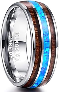 Vakki 6mm 8mm Hawaiian Koa Wood Tungsten Rings for Men Blue Created Opal Wedding Band Dome Style Comfort Fit Size 6-14