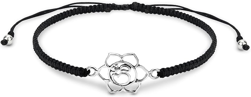 AeraVida Peaceful Aum or Ohm .925 Sterling Silver Charm Black Rope Adjustable Bracelet | Classic Sterling Silver Bangle Bracelet | Vintage Bangle Bracelets for Women | Sterling Silver Bracelets |
