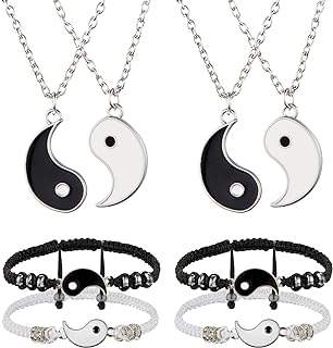 8 Pieces Yin and Yang Friend Necklace Bracelet Bff Couple Friendship Relationship Matching Yin Yang Necklace Bracelet Adjustable Handmade Cord Bracelet for Girlfriend Boyfriend Women Men