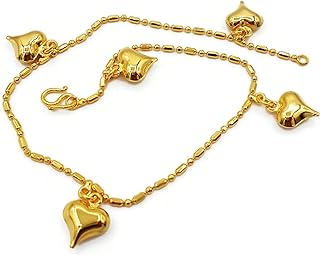 24K Gold-Plated Link Chain Anklet with Dangling Heart Charms and Lobster Claw Clasp for Women and Teen Girls