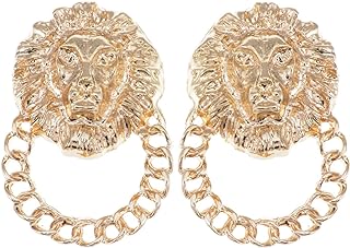 Alilang Rhinestone-Adorned Golden Lion Stud Earrings with Chain Dangle Design and Lever Back