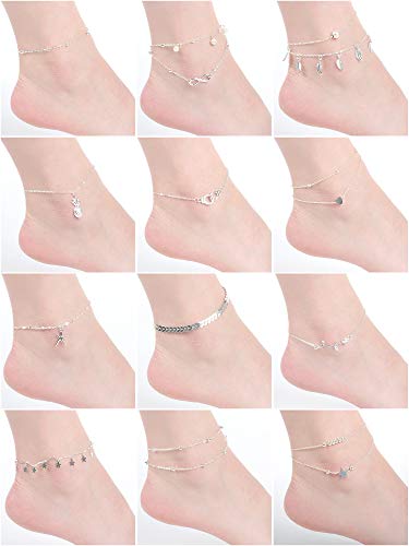 16 Pieces Ankle Bracelets 14K for Women Girls Anklets Set Silver Gold Girls Boho Beach Anklets Foot Chains Adjustable Foot Hand Jewelry Romantic Gift