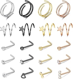 ZELORES 20Pcs 20G Double Hoop Nose Ring L Shaped Nose Studs 316L Stainless Steel Piercing Jewelry Small Nose Studs Spiral Nose Rings for Women Men Silver Rose Gold Balck