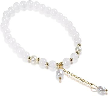 White Opal Bracelet - Mind Calming Opal Crystal Bracelet with Pearl Charms, Crystal Jewelry with Stretchable Strap & Gold Chain
