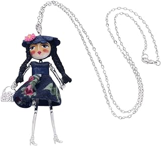 Enamel Cute French Doll Necklace with Fabric Dress Pendant - Various Designs