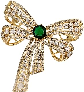 Edwardian Vintage Gold Tone Emerald and CZ Ribbon Bow Brooch Pin for Women Accessory
