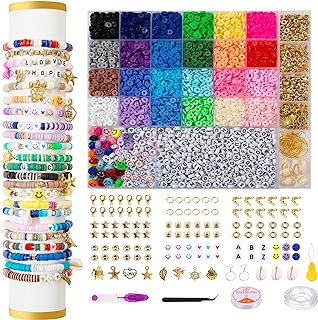 Friendship Bracelet Making Kit with 6000 Polymer Clay Beads in 24 Colors by AyeMay - Fun DIY Arts and Crafts Set for Kids, featuring Smile Face and Letter Heishi Beads - Ideal Gift for Girls