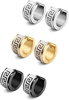 Jstyle 3 Pairs Men's Hoop Earring Stainless Steel Hoop Earrings for Men Women Huggie Earrings Unique Greek Key Fashion Huggie Earrings Piercing Jewelry