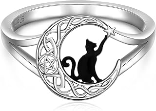 Sterling Silver Black Cat Ring Celtic Knot Crescent Moon Cat Matching Thumb Rings for Women Cute Kitty Animal Pentagram Pentacle Halloween Cats Lover Gifts Size 6-10