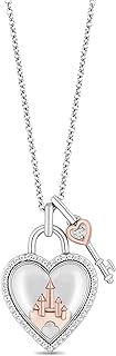 Enchanted Disney Fine Jewelry 10K Rose Gold and Sterling Silver Pendant Necklace with Heart and Key Design, 1/6 CTTW Diamond and White Quartz Accents, Cable Chain with Spring Ring Clasp for Women