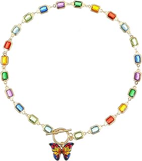 Butterfly Pendant Necklace For Women,Colorful Rhinestone Statement Cubic Zirconia Crystal OT Clasp Jewelry Necklace For Girls Gift
